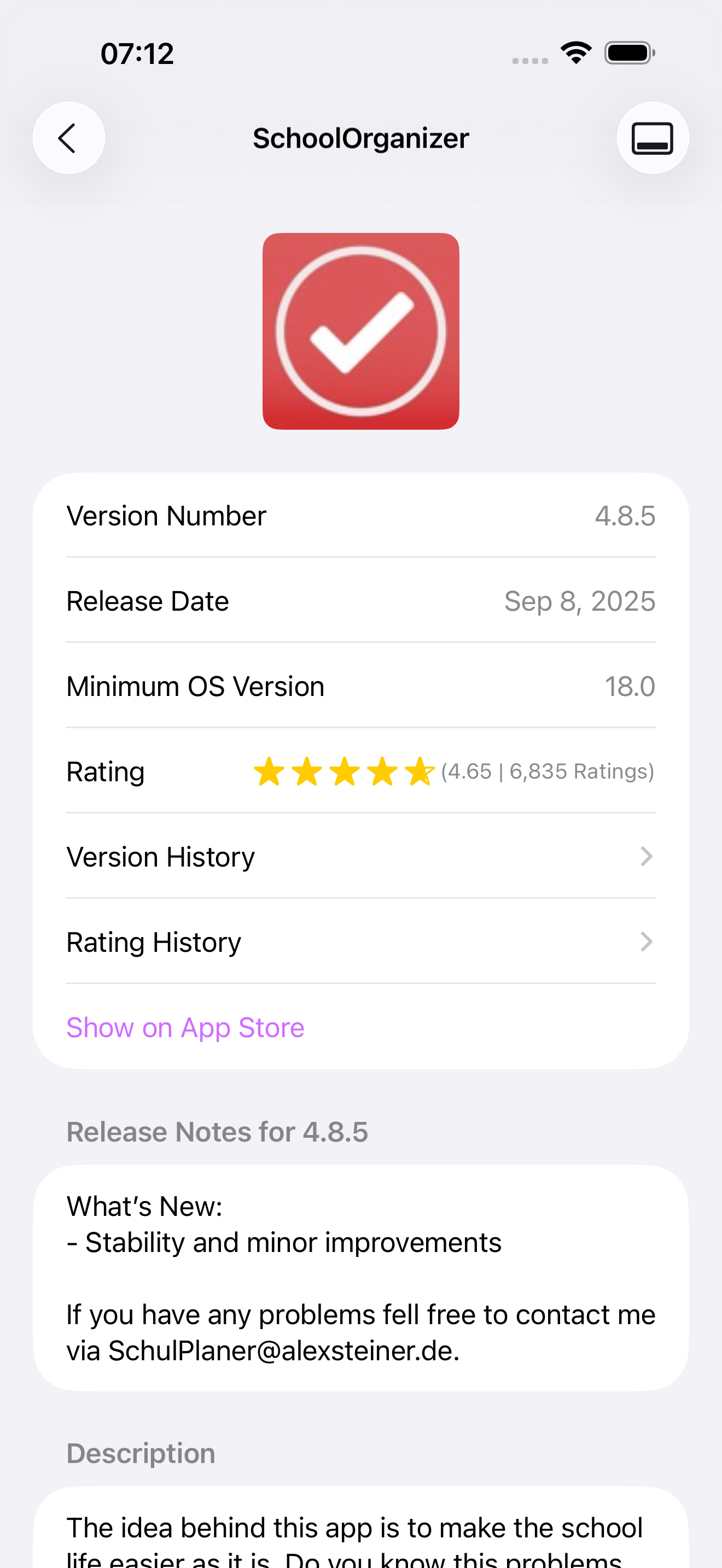 App detail view
